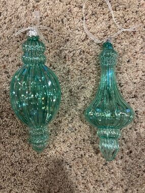 Teal Glass Holiday Ornament Pair - Elegant Ribbed Teardrop Finials